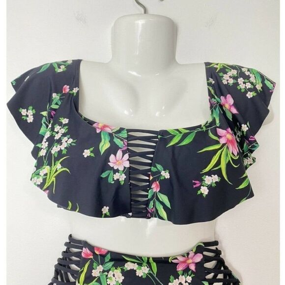 TiNi BiKiNi Black floral flounce high waisted 2 piece Xlarge bikini - Picture 8 of 16